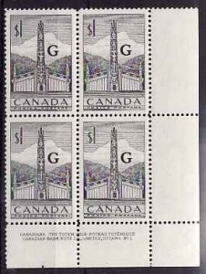 Canada id#12077-Sc#O32-plate block #1LR--$1 Totem Pole Official G -stamps NH-l