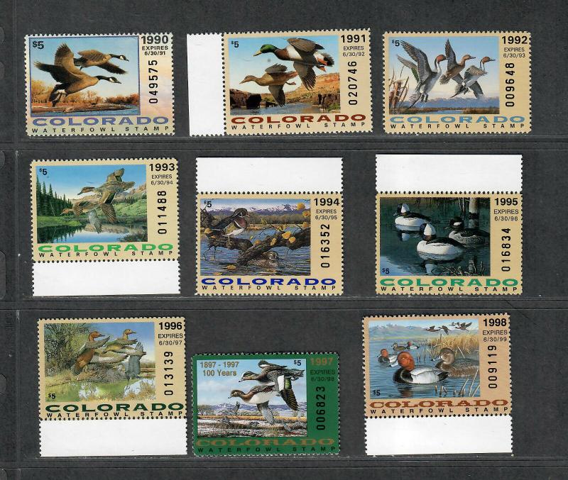 Colorado Sc#1-9 M/NH/VF, State Duck Stamp Collection, Cv. $107.50