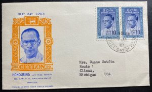 1961 Colombo Ceylon First Day Cover FDC To Climax MI USA Prime Minister