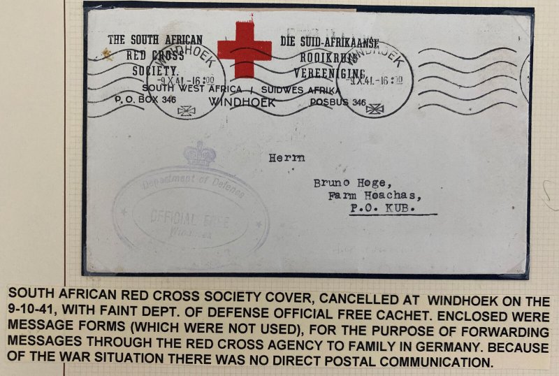 1941 Windhoek South West Africa Red Cross Society Cover W Message Form Hoge