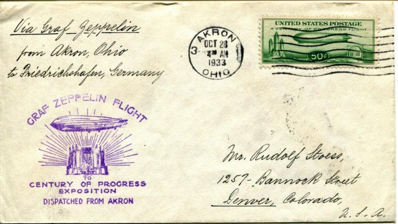 USA #C18 GRAF ZEPPELIN AKRON GERMANY Flight Century Progress Exposition Cover 