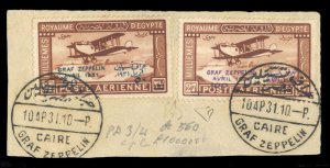 Egypt #C3-4, 1931 Zeppelin, set of two used together on piece