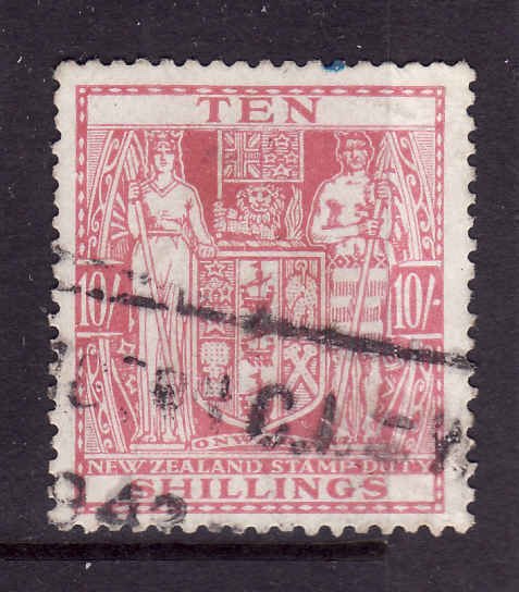 New Zealand-Sc #AR56-used 10sh dark carmine Postal-Fiscal coat of arms-1931-39-