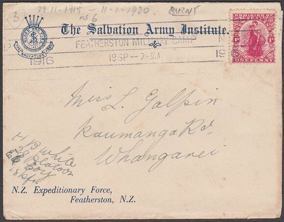 NEW ZEALAND 1916 Salvation Army cover - Featherston Military Camp cancel....B416