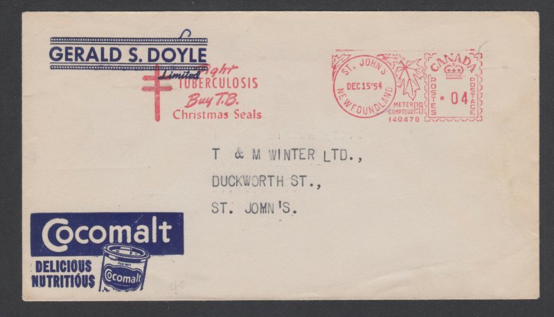 Newfoundland, 1954 Post-Confederation 4c Meter on Advertising Cover. COCOMALT