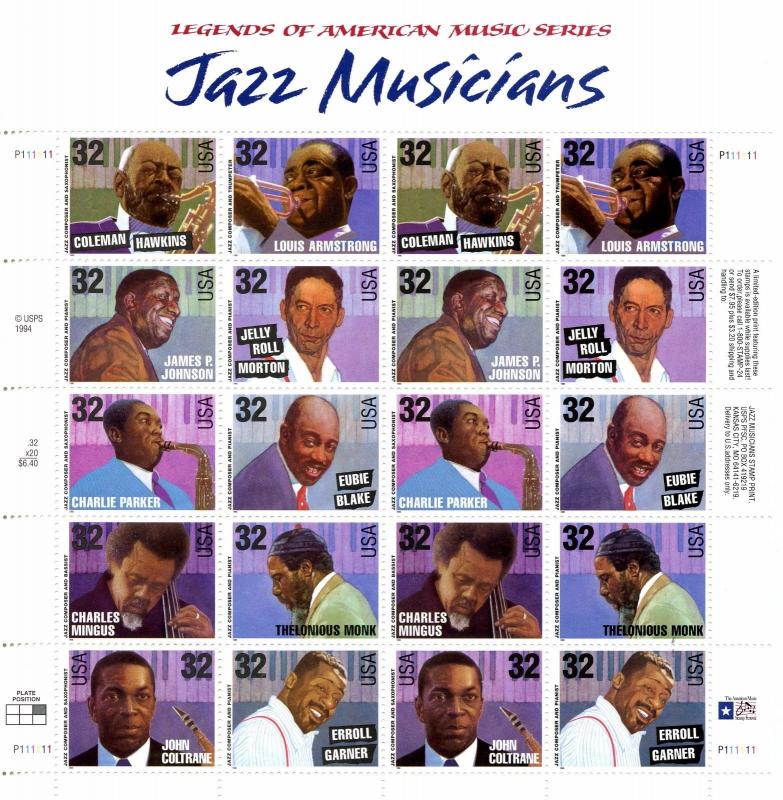 U.S. Scott 2983-2992 1995 32 Cent Jazz Musicians  -  MNH Pane of 20