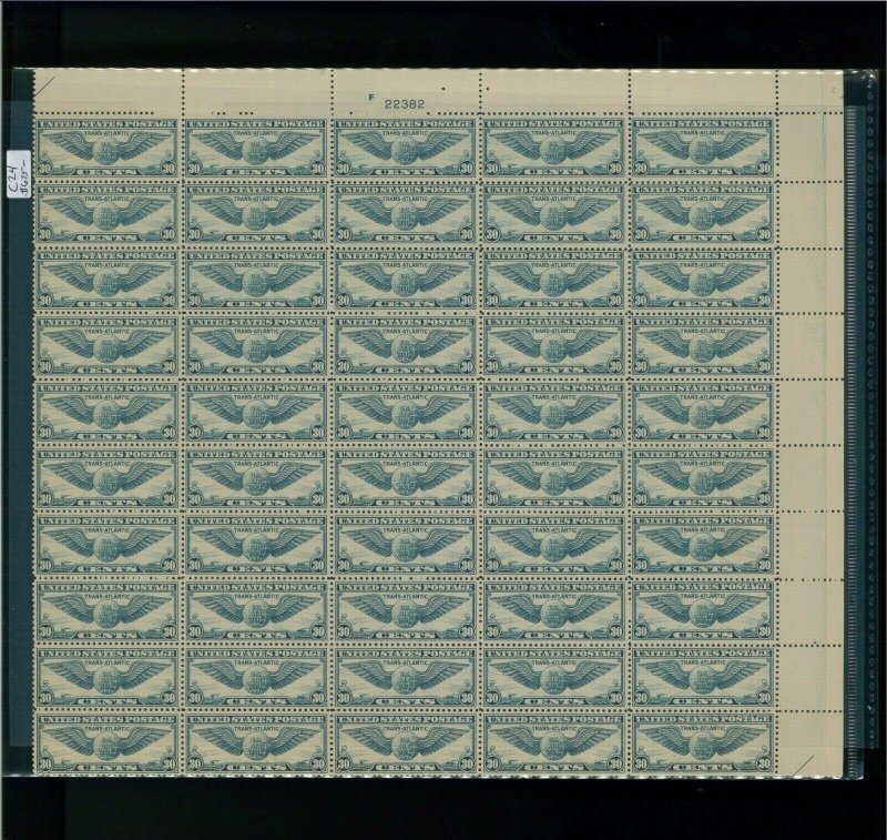 1939 United States Air Mail Postage Stamp #C24 Plate No 22382 Mint Full Sheet