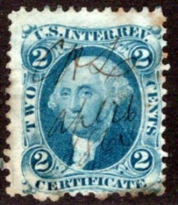 R7c, 25c, Certificate, blue, perf, used, ms cancel, USA Revenue Stamp