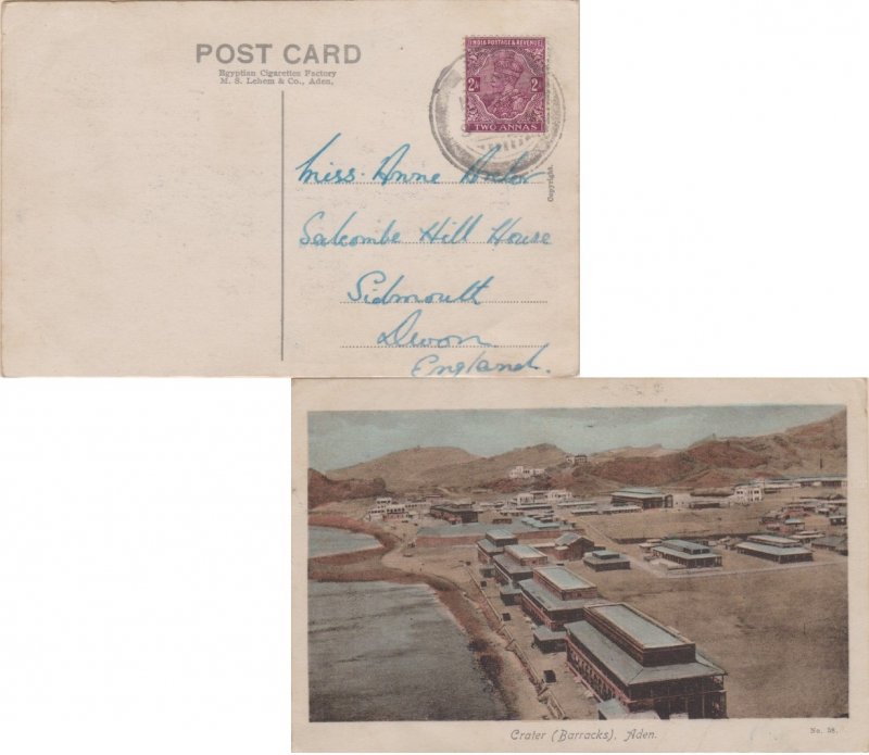 Aden India 2a KGV 1934 Aden PPC (Crater (Barracks), Aden) to Sidmouth, Englan...