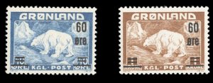 Greenland #39-40 Cat$76, 1956 Surcharges, set of two, never hinged