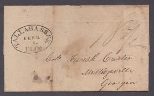 **US 19th Cent Stampless Cover Tallahassee, FL 2/24 Oval CDS to GA, No Contents