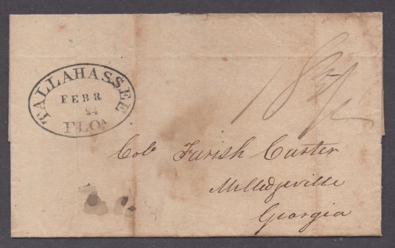 **US 19th Cent Stampless Cover Tallahassee, FL 2/24 Oval CDS to GA, No Contents