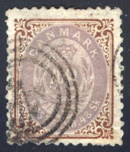 Denmark 1870 48sk Brown & Lilac PERF 12.5 numeral Scott 24 FU Cat $275