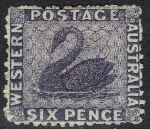 WESTERN AUSTRALIA 1864 SWAN 6D WMK CROWN CC REVERSED PERF 12½