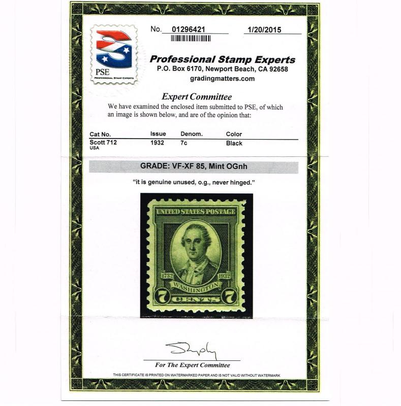 GENUINE SCOTT #712 VF-XF MINT PRISTINE OG NH PSE GRADED CERT - ESTATE SALE