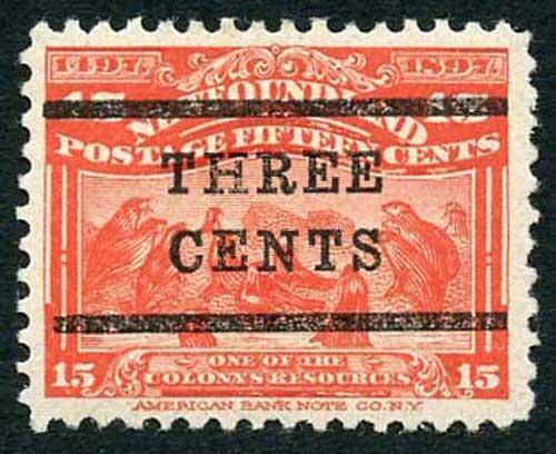 Newfoundland SG145 3c on 15c Bright Scarlet (A) M/Mint Fresh Stamp