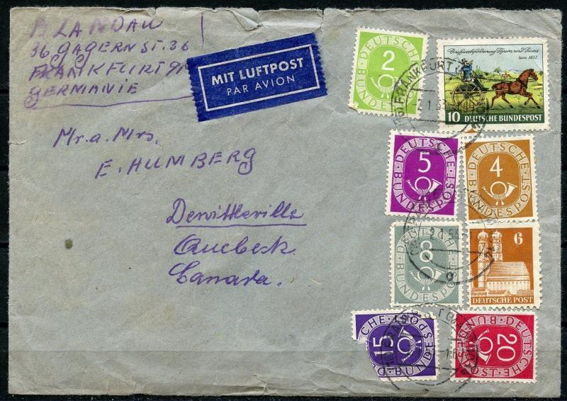 GERMANY  COMMERICIAL COVER INTERESTING FRANKING  POSTHORNS 2.1.53 TO CANADA 