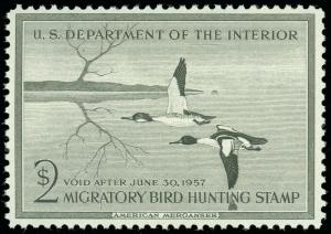US SCOTT #RW23 MINT-VF-NH, 1957 MIGRATORY BIRD HUNTING STAMP, AMERICAN MERGANSER