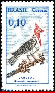 1087 BRAZIL 1969 RED-CRESTED CARDINAL, BIRDS, MI# 1223 RHM C-642, MNH