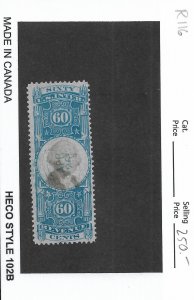 60c 2nd Issue Revenue Tax Stamp, Sc # R116, used. Nice Canx (55907)