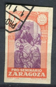 SPAIN; 1940s Zaragoza Pro-Seminario issue Imperf fine used 1P. value