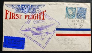 1939 Dublin Ireland First Flight Airmail Cover To New York Usa North Atlantic