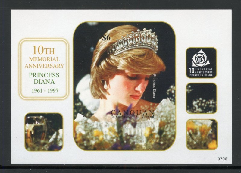 ST VINCENT CANOUAN 10th MEMORIAL OF PRINCESS DIANA IMPERF SHEET & S/S MINT NH