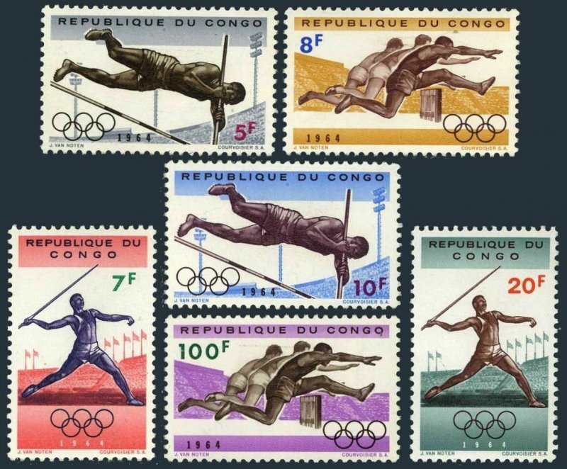 Congo DR 492-497,497a,MNH.Michel 169-174,Bl.5. Olympics Tokyo-1964:Pole Vault,