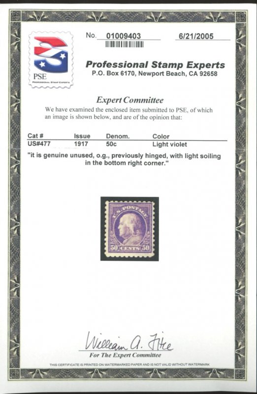 U.S. #477 MINT WITH PSE CERT