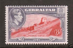 Gibraltar Sc 113b MLH. 1938 6p KGVI & Moorish Castle, perf 13½, fresh, VLH,