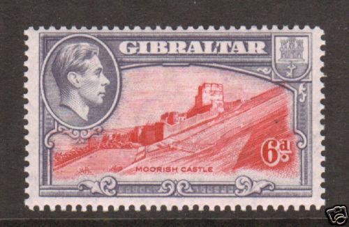 Gibraltar Sc 113b MLH. 1938 6p KGVI & Moorish Castle, perf 13½, fresh, VLH,