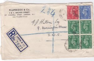 england 1947 registered  multi stamps cover ref r14552