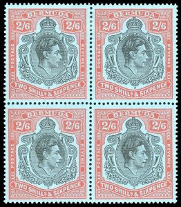 Bermuda 1943 KGVI 2s6d GASH IN CHIN variety in MLH/MNH block. SG117b,117bf