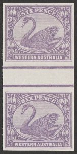 WESTERN AUSTRALIA 1898 Swan 6d IMPERF gutter pair imprimatur. MNH **. RARE!