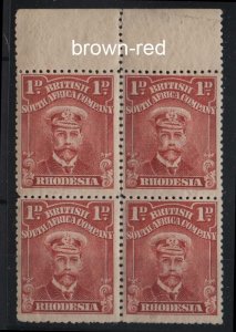 Rhodesia 1913 1d brown-red sg192 unmounted mint block of 4 (some separation) c