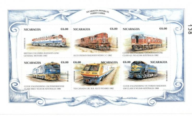 Nicaragua 1999 - Trains - Sheet of 6 stamps - Scott #2286 - MNH