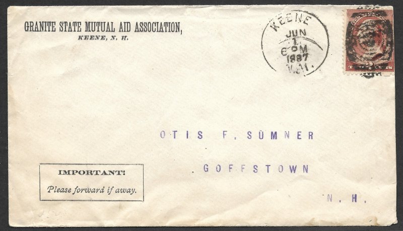 Doyle's_Stamps: Keene, NH, 1887 Postal History Mutual Aid Cover w/CDS