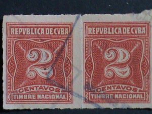 ​CUBA- 1914 SC#J9 POSTAGE DUE TWO OF OVER 100 YEARS OLD USED STAMP-VERY FINE