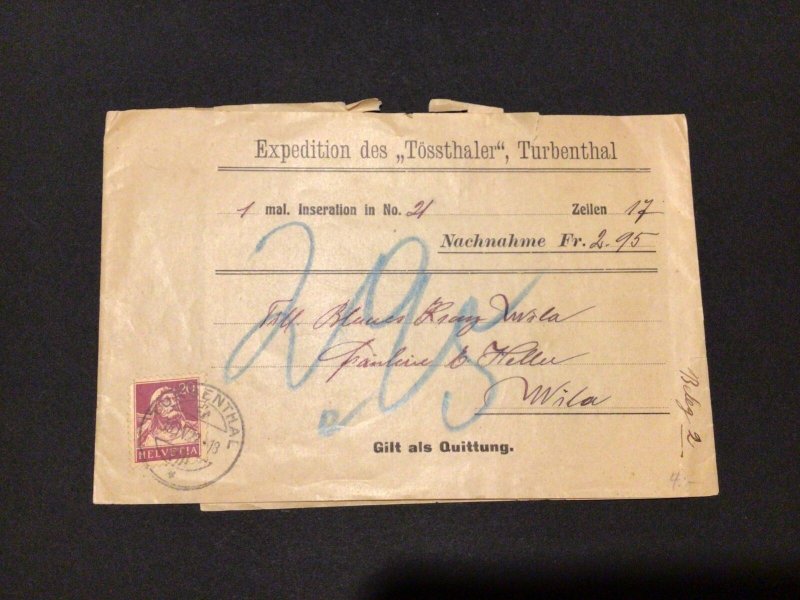 Switzerland Expedition of Tossthaler Turbenthal used postal wrapper Ref 59244 