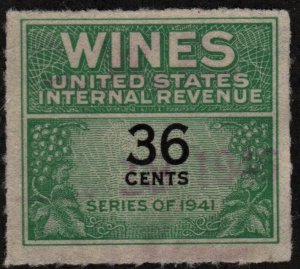 RE135 36¢ Wine Revenue Stamp (1942) Used