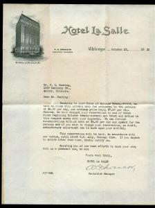 1920 Hotel La Salle (Chicago) $7 rate Card and letter - Nice