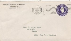 U.S. CRUCIBLE STEEL CO. OF AMERICA, Cambridge, Mass1937 Pre Paid Cover Ref 47628