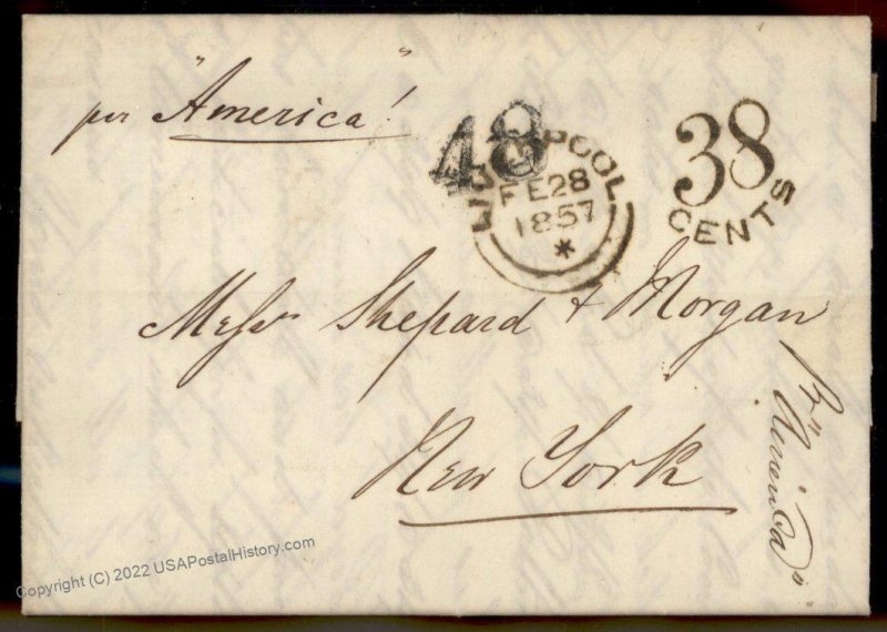 England Britain 1857 New York Cunard SS America Transatlantic Stampless Co 77676