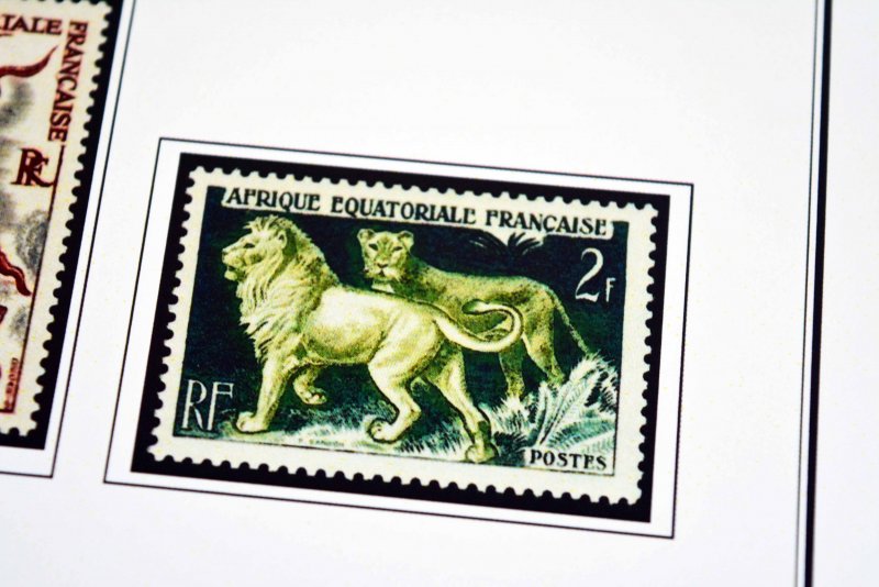 COLOR PRINTED FRENCH EQT. AFRICA 1936-1958 STAMP ALBUM PAGES (30 illustr. pages)