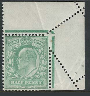 GB 1902 ½d pale yellow-green sg217 spectacular perf variety resulting from p...