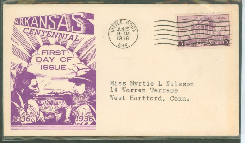 US 782 1936 3c Arkansas State Centennial (single) on an addressed FDC with a Dyer cachet/cover has mounting residue on reverse