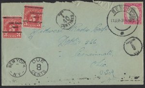 SOUTH AFRICA US 1931 BENONI POSTAGE DUE T& T 40 CENTIMES NEW YORK DUE 8 CENTS TO