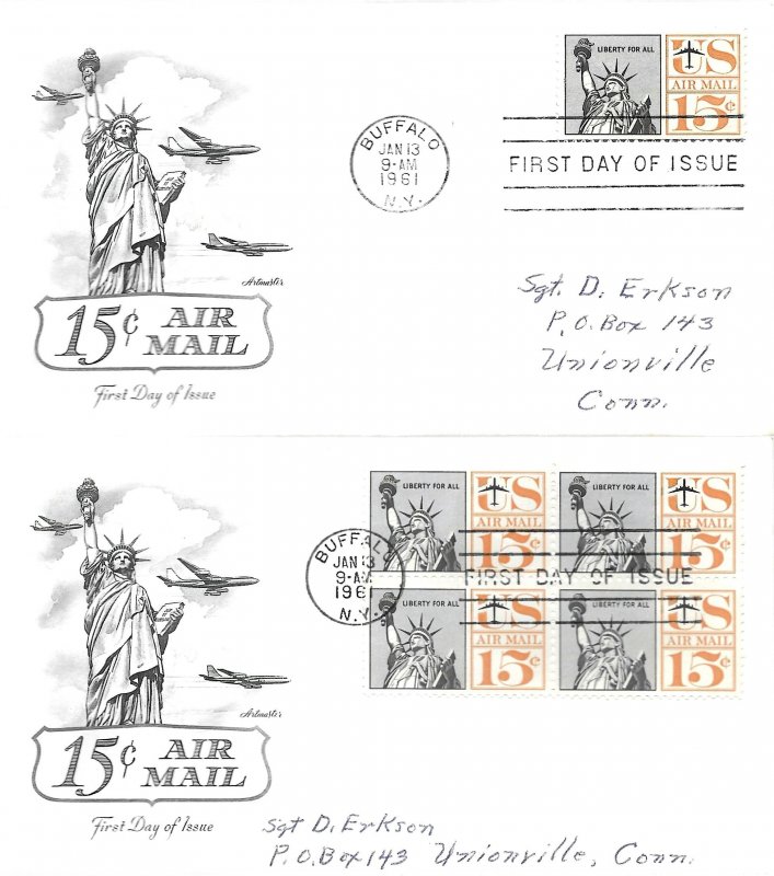 1961 Air Mail FDC, #C63, 15c Statue of Liberty, Artmaster, single/block of 4