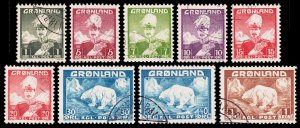 Greenland Scott 1-9 (1938-46) Used VF Complete Set, CV $32.30 C