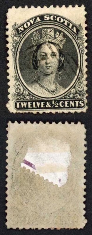 Nova Scotia SG17 12 1/2c Black on Yellowish Paper used Cat 30 pounds